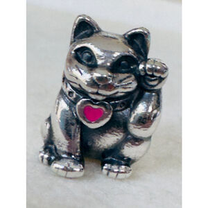 PANDORA Sterling Silver 925 Lucky Cat Charm Pink Enamel Heart